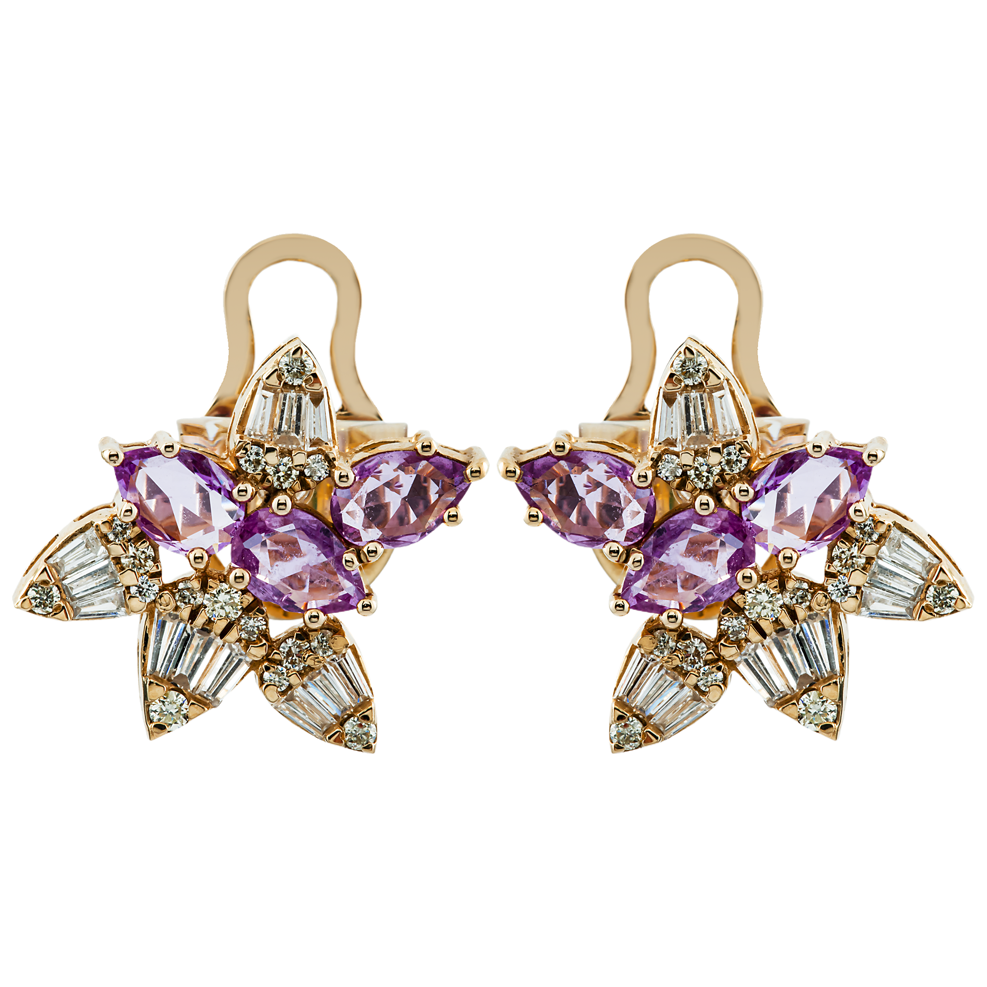 14K Yellow Gold Amethyst Gemstone & Diamond Stud Earrings