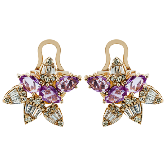 14K Yellow Gold Amethyst Gemstone & Diamond Stud Earrings