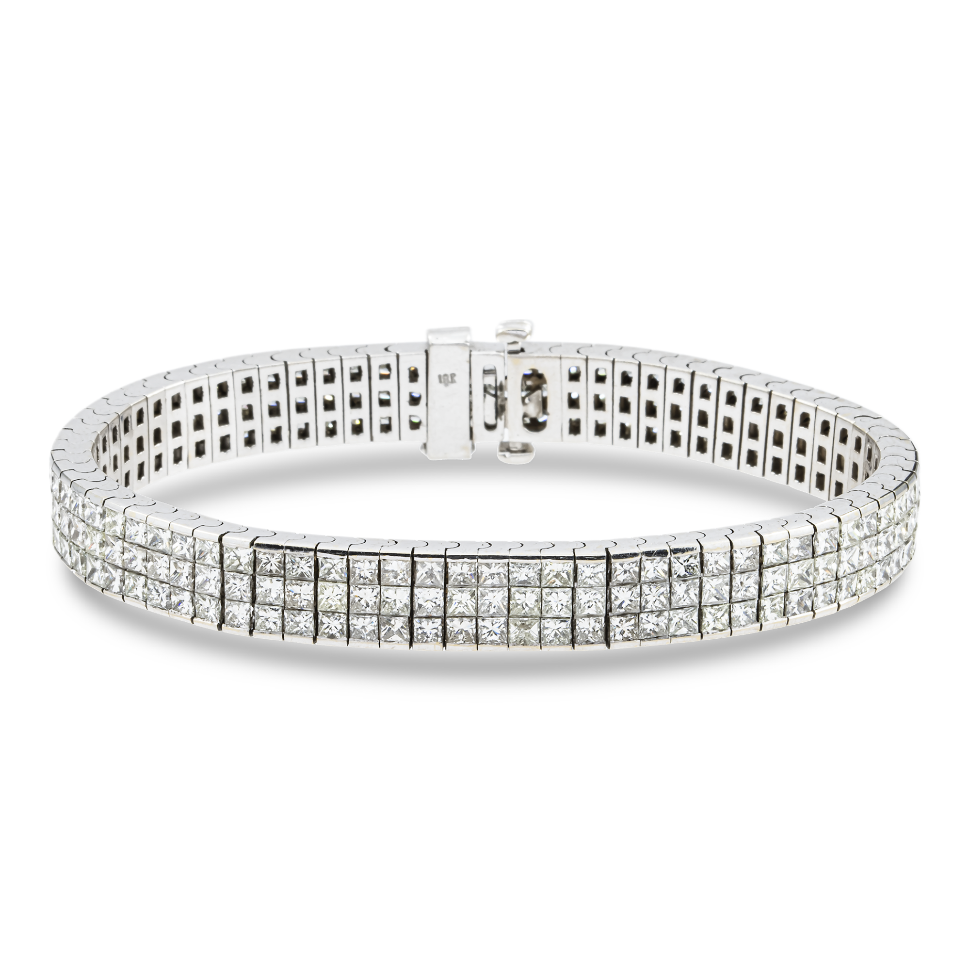 18K White Gold Triple Row Princess Cut Diamond Bracelet 16.57ct