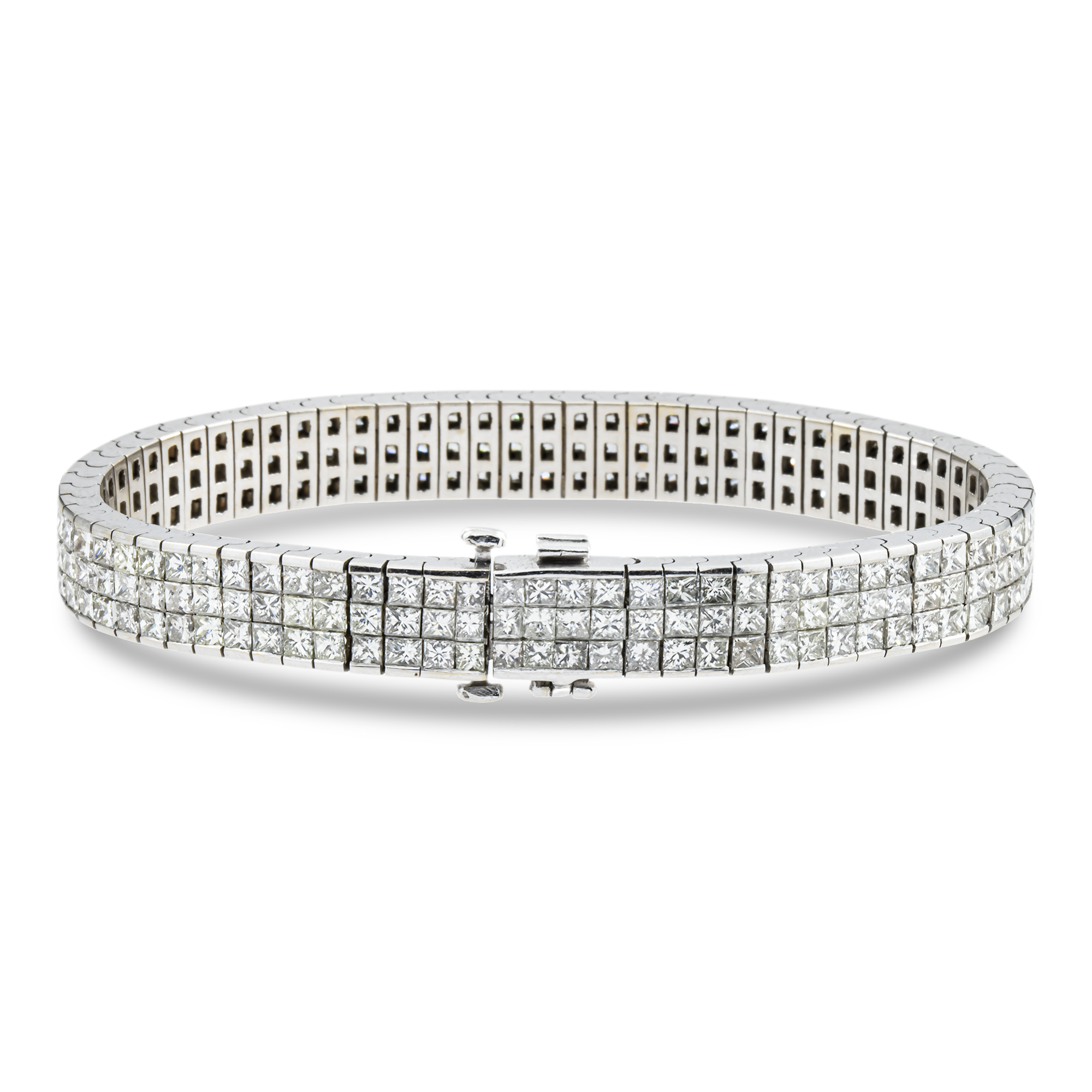 18K White Gold Triple Row Princess Cut Diamond Bracelet 16.57ct