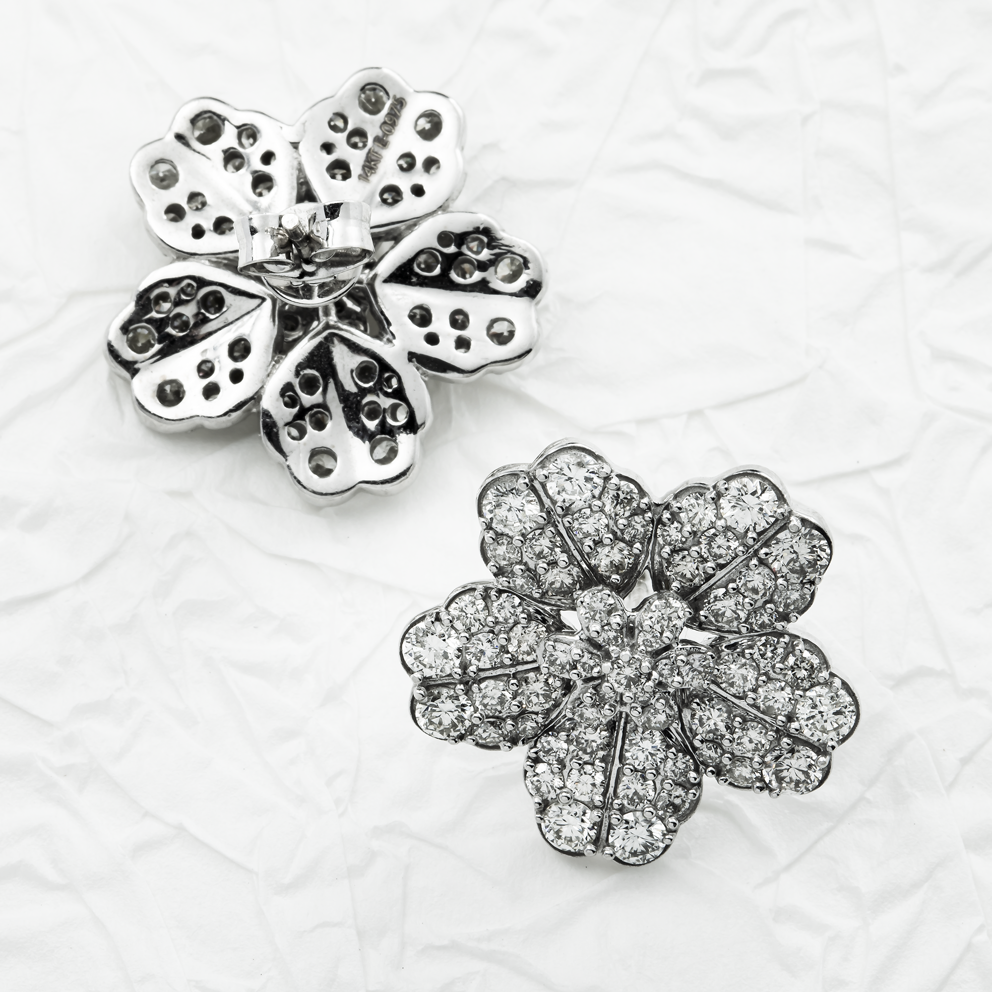 14K White Gold Round Diamond Flower Studs 4.90ctw