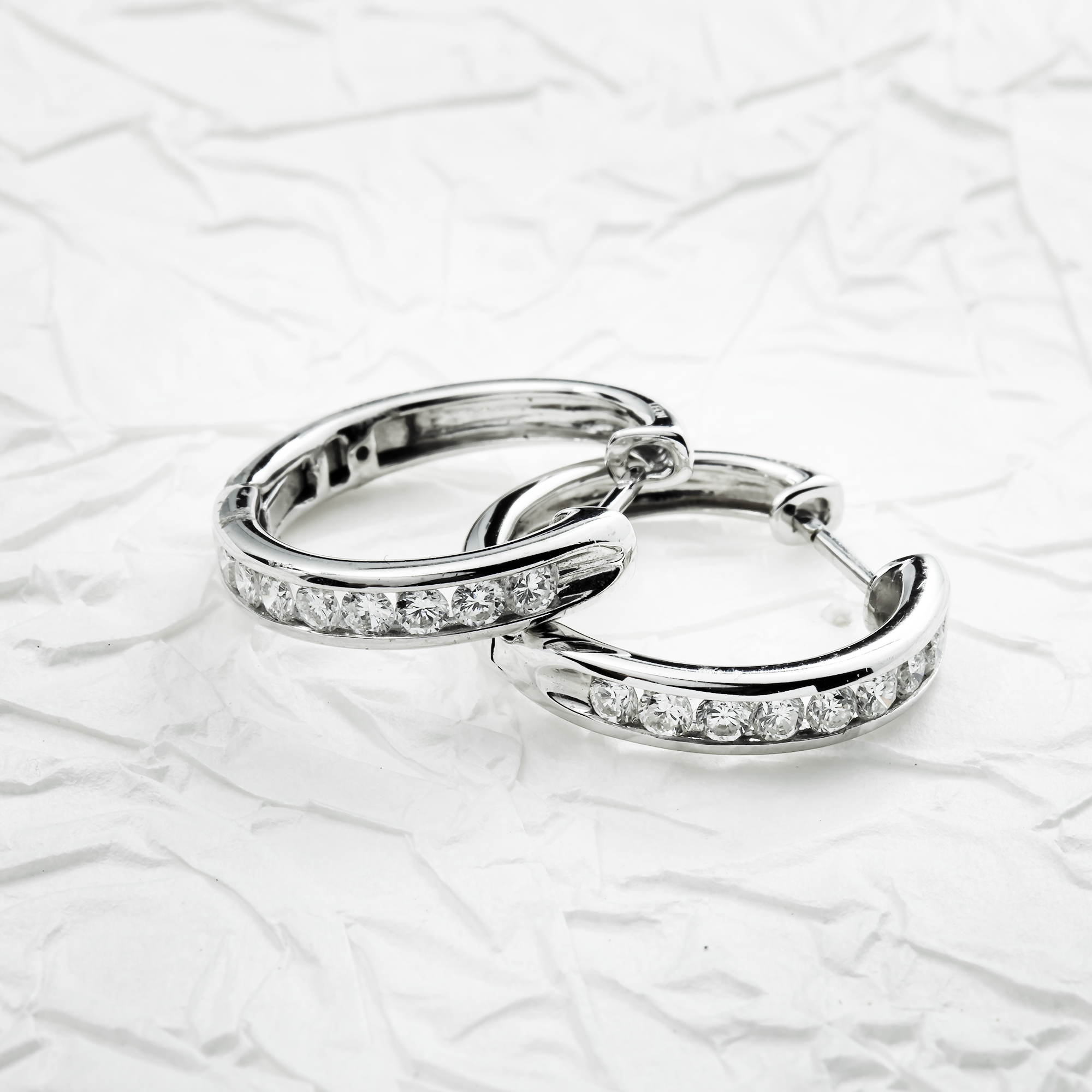 14K White Gold Channel Set Round Diamond Hoop Earrings 0.75ctw