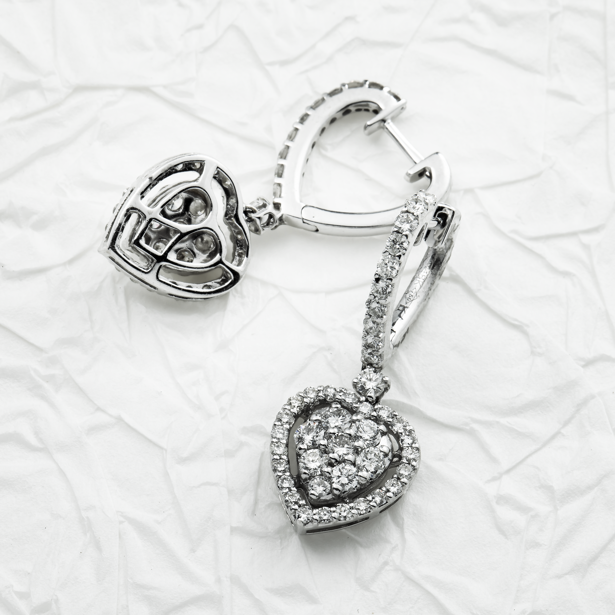 18K White Gold Round Diamond Heart Drop Earrings 1.82ctw