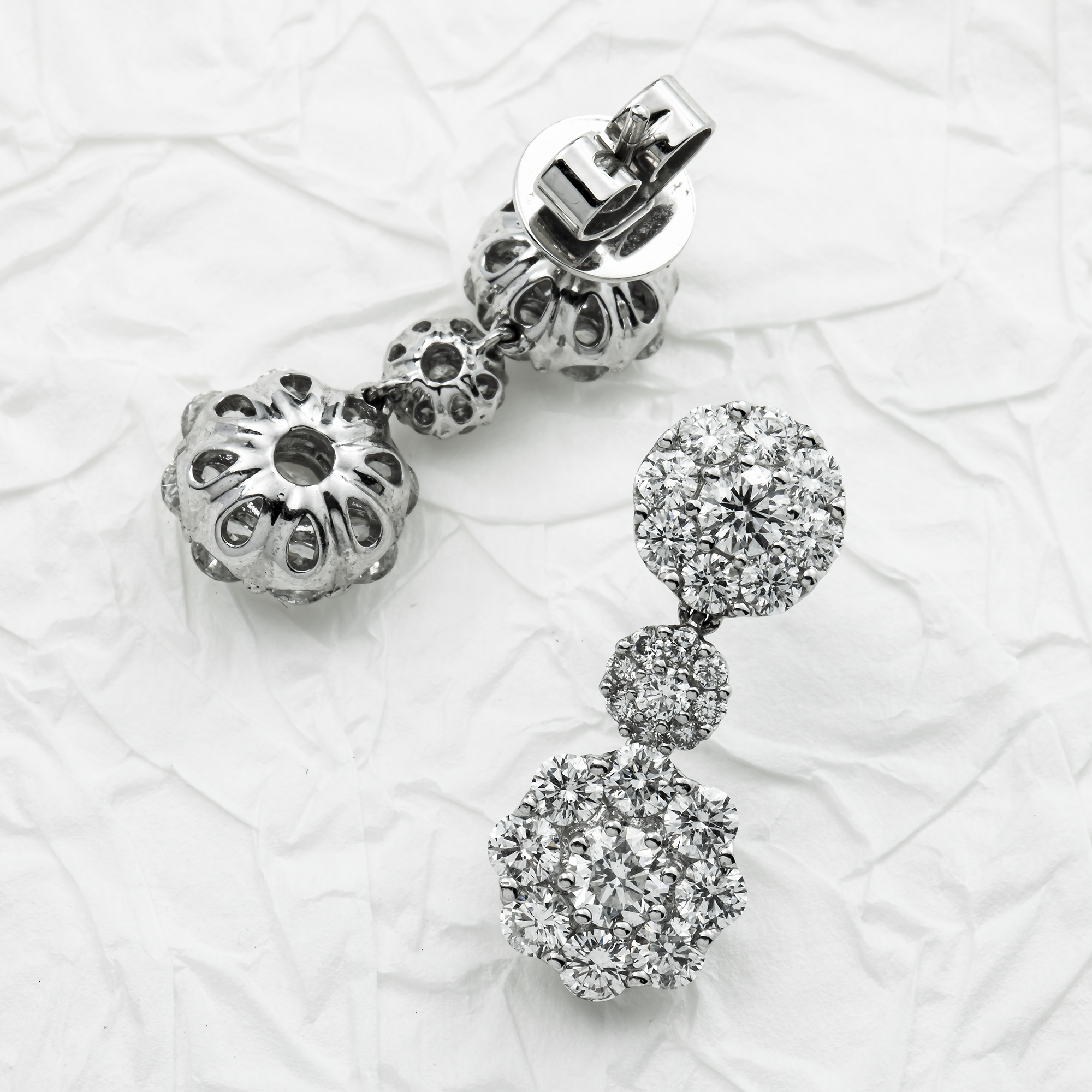 18K White Gold Three Tier Round Diamond Flower Drop Earrings 4.12ctw