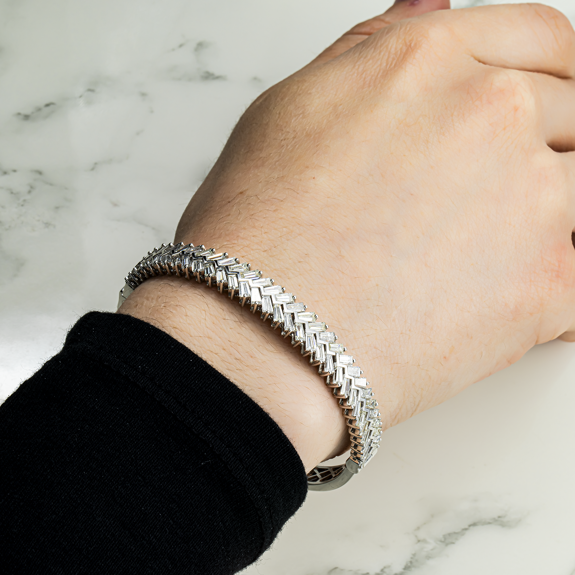 14K White Gold Baguette Diamond Bangle Bracelet 6.11ct