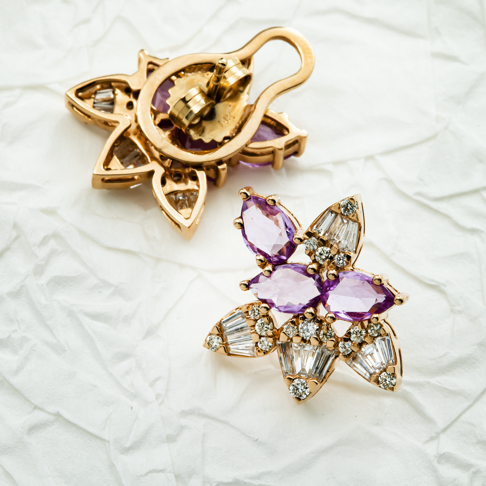 14K Yellow Gold Amethyst Gemstone & Diamond Stud Earrings