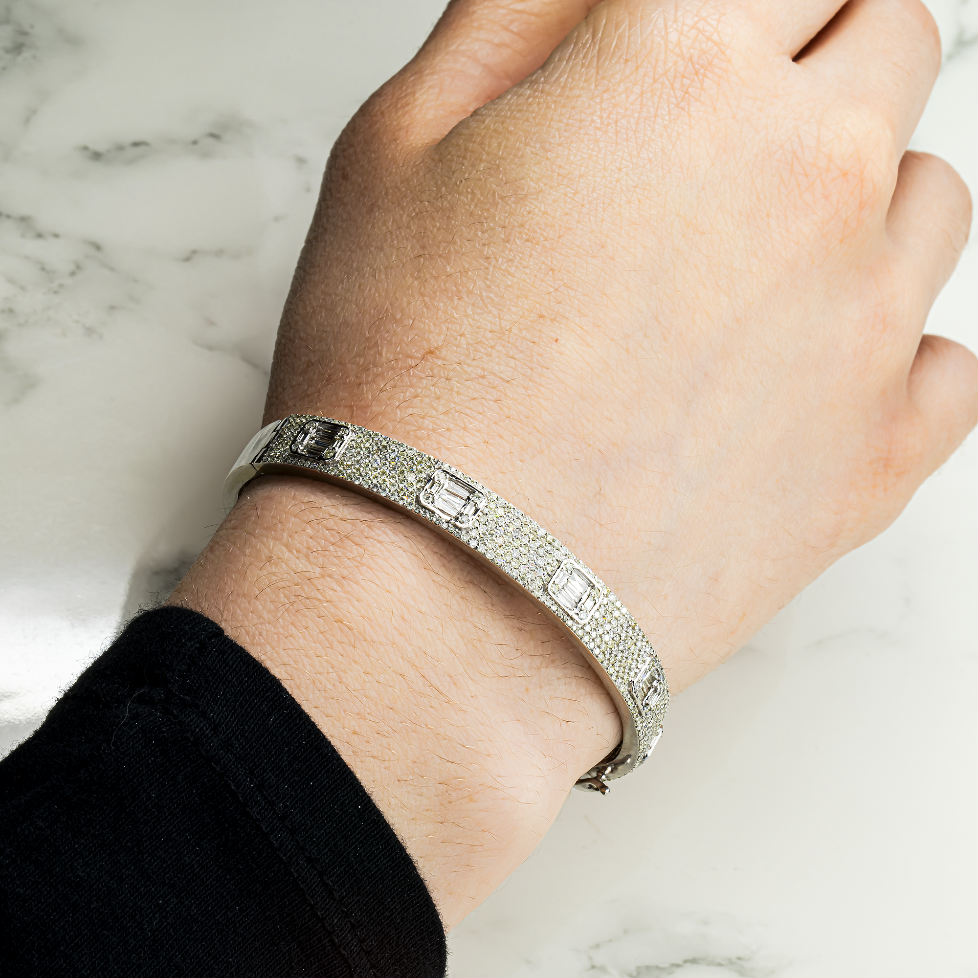 14K White Gold Baguette & Round Diamond Bangle Bracelet 3.30ct