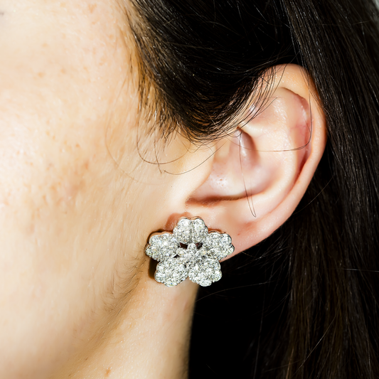 14K White Gold Round Diamond Flower Studs 4.90ctw
