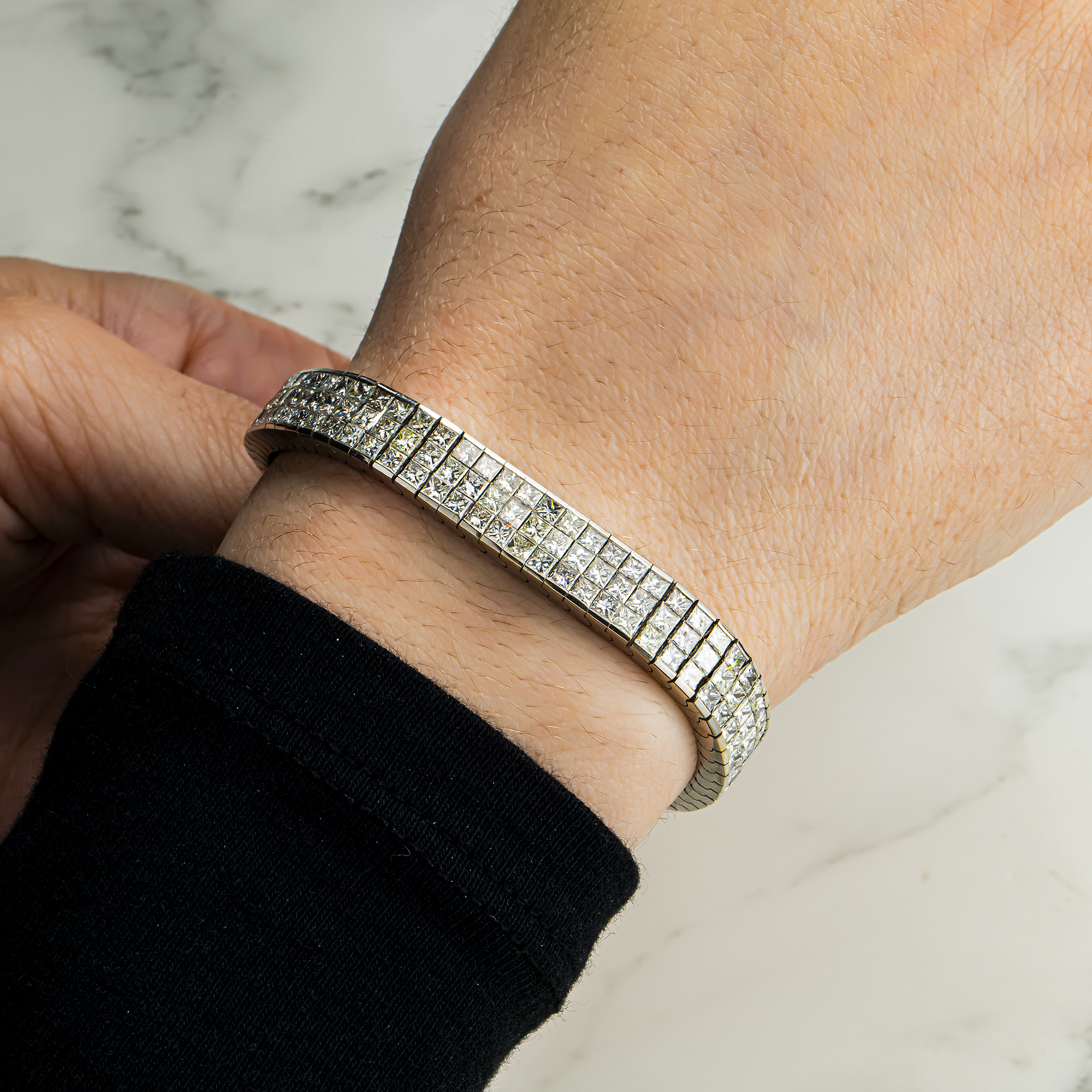 18K White Gold Triple Row Princess Cut Diamond Bracelet 16.57ct