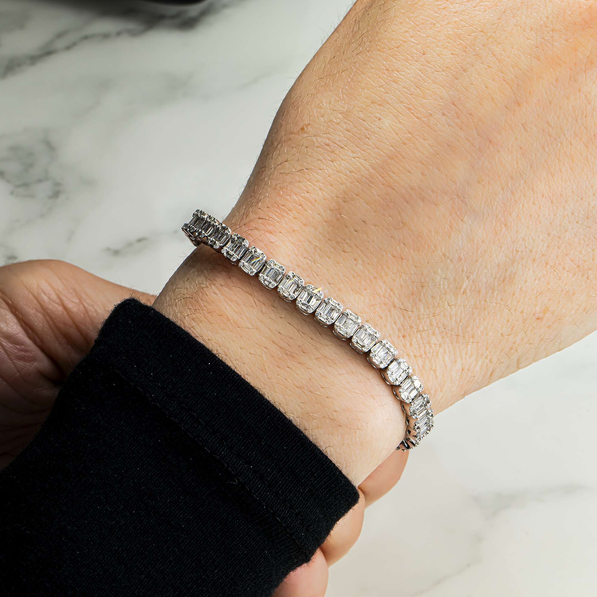 14K White Gold Baguette & Round Diamond Tennis Bracelet 4.36ct