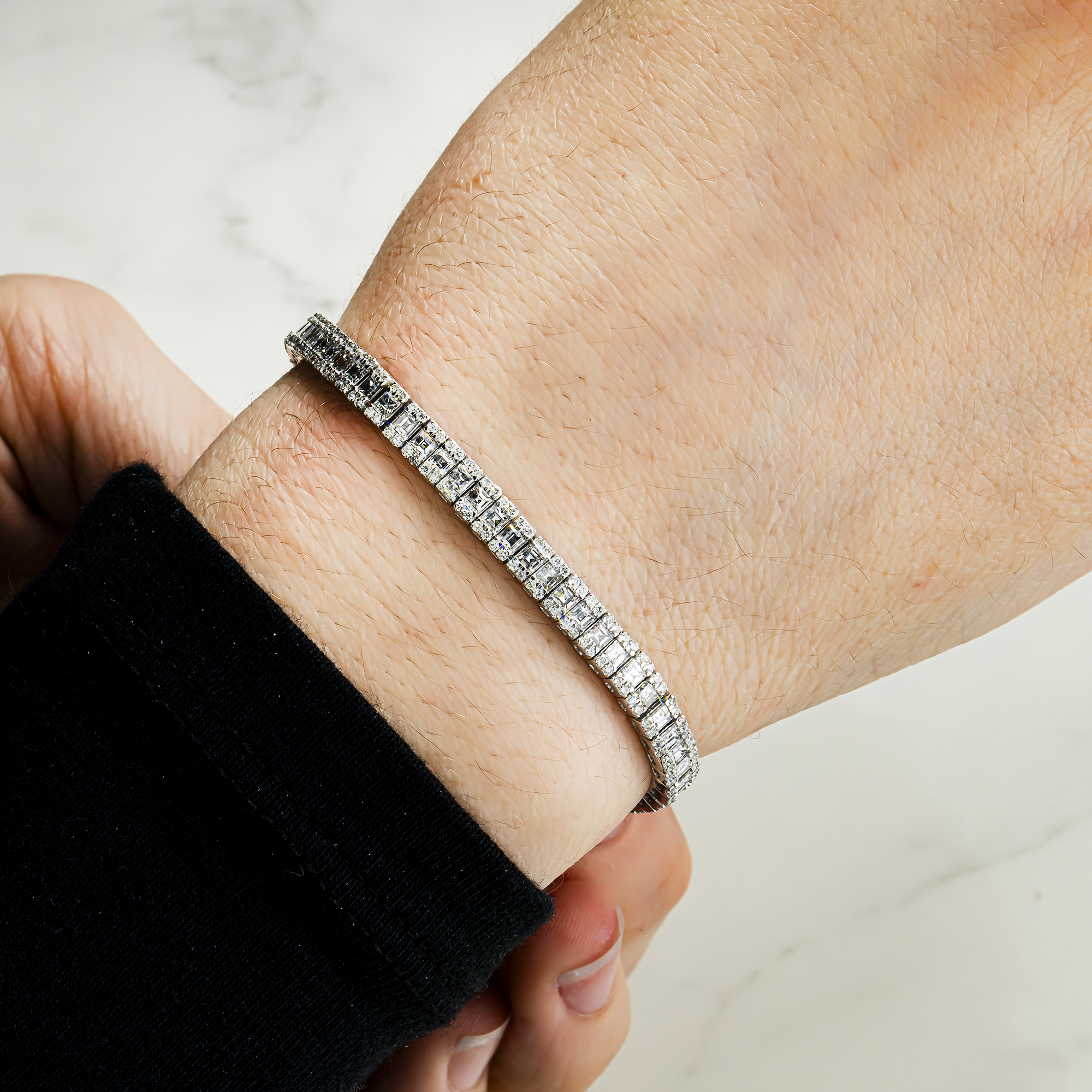 14K White Gold Asscher & Round Diamond Tennis Bracelet 5.17ct