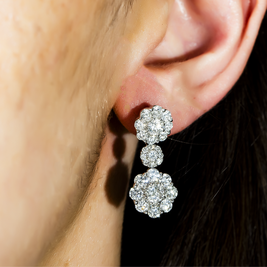 18K White Gold Three Tier Round Diamond Flower Drop Earrings 4.12ctw