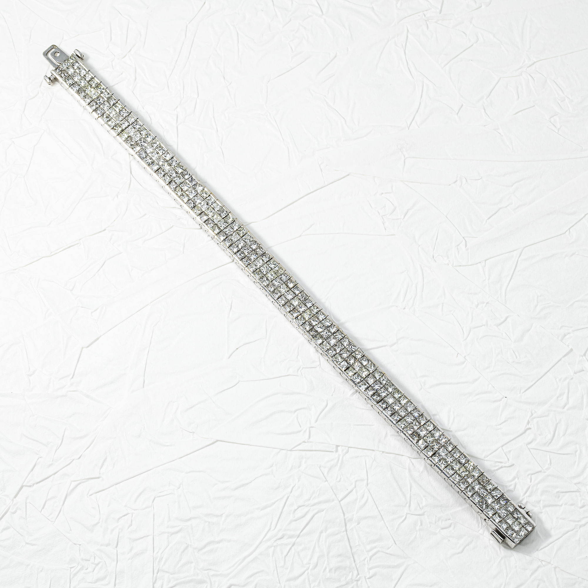 18K White Gold Triple Row Princess Cut Diamond Bracelet 16.57ct