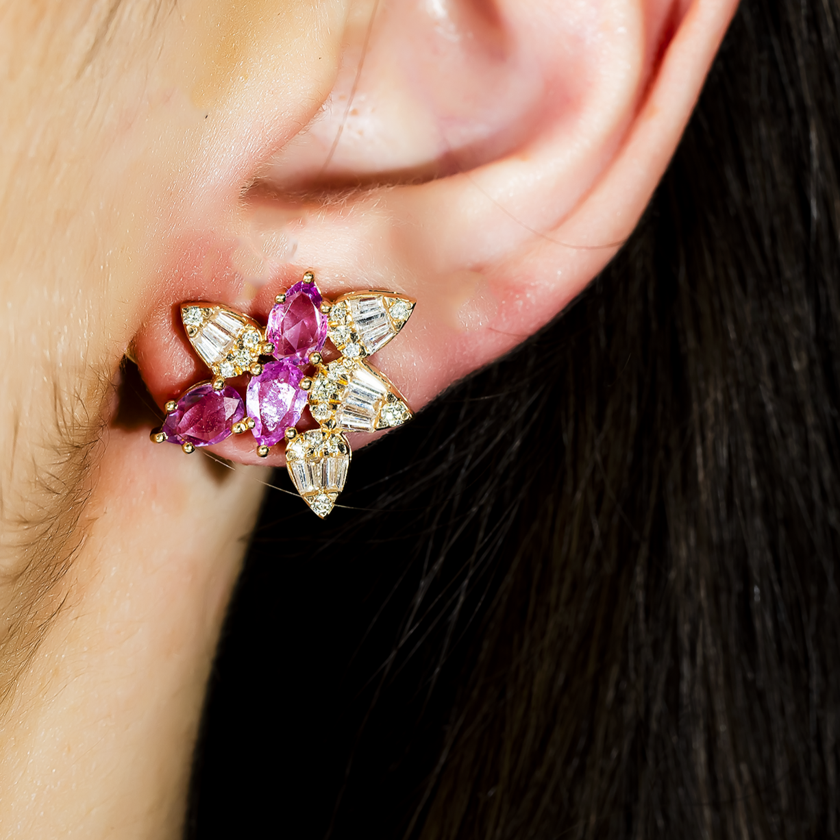 14K Yellow Gold Amethyst Gemstone & Diamond Stud Earrings
