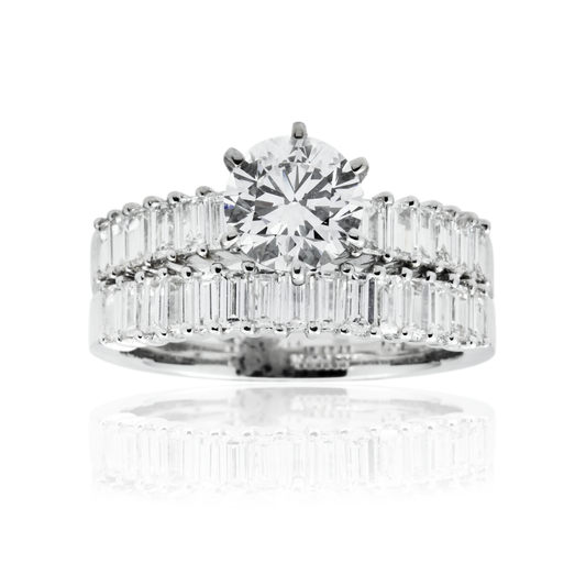 18K White Gold Round & Baguette Diamond Engagement Ring & Wedding Band Set 2.33ctw