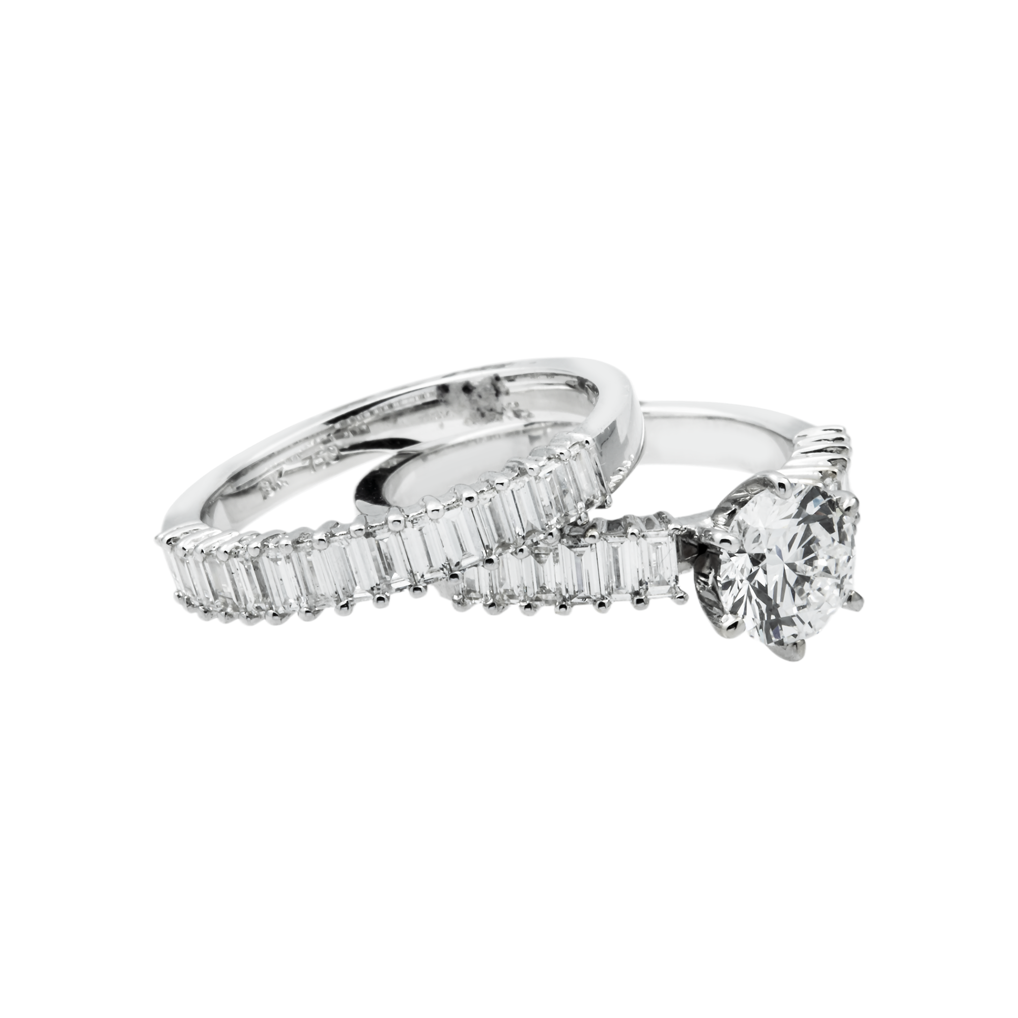 18K White Gold Round & Baguette Diamond Engagement Ring & Wedding Band Set 2.33ctw