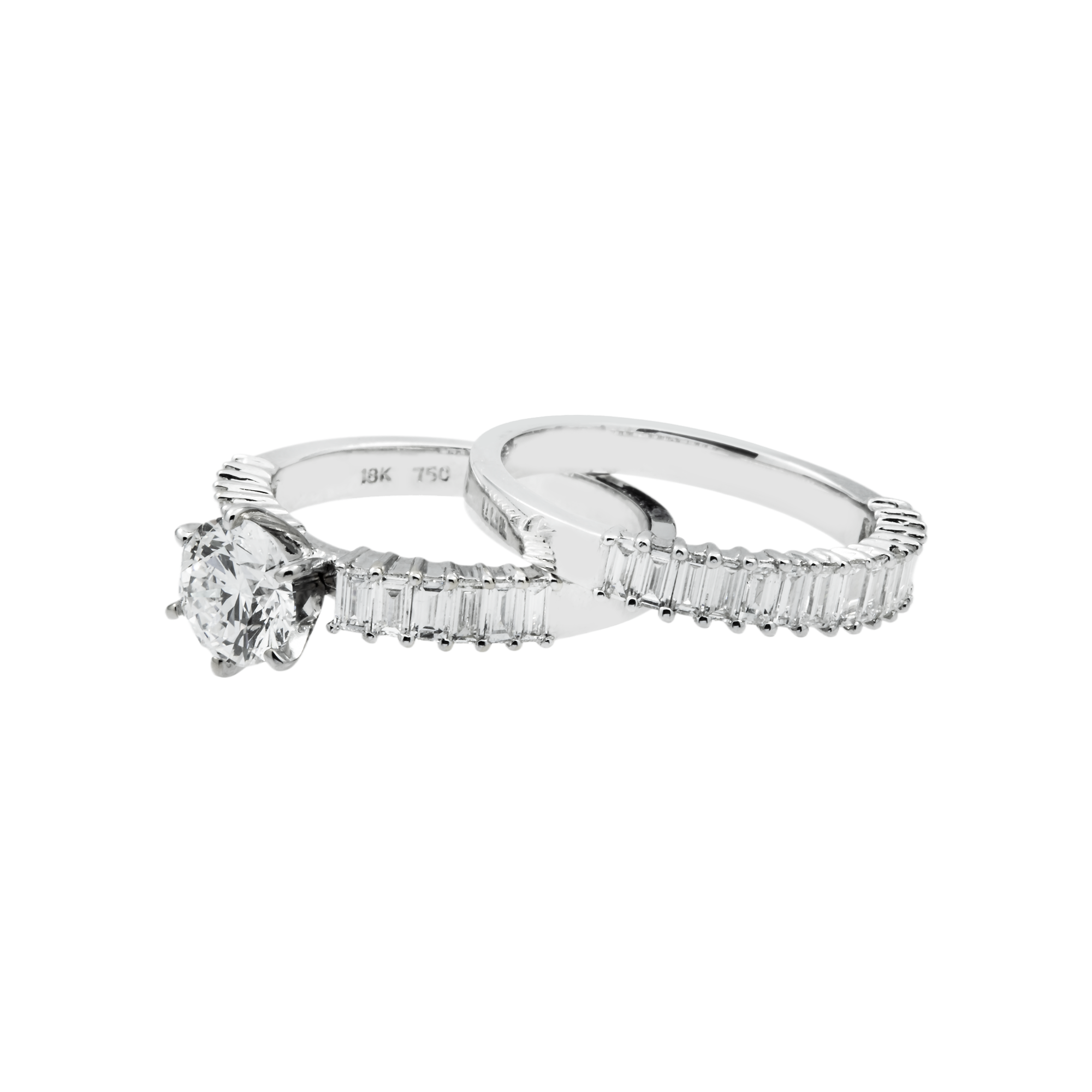 18K White Gold Round & Baguette Diamond Engagement Ring & Wedding Band Set 2.33ctw