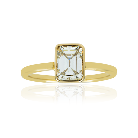 14K Yellow Gold Bezel Set Solitaire Emerald Cut Diamond Ring 1.09ct