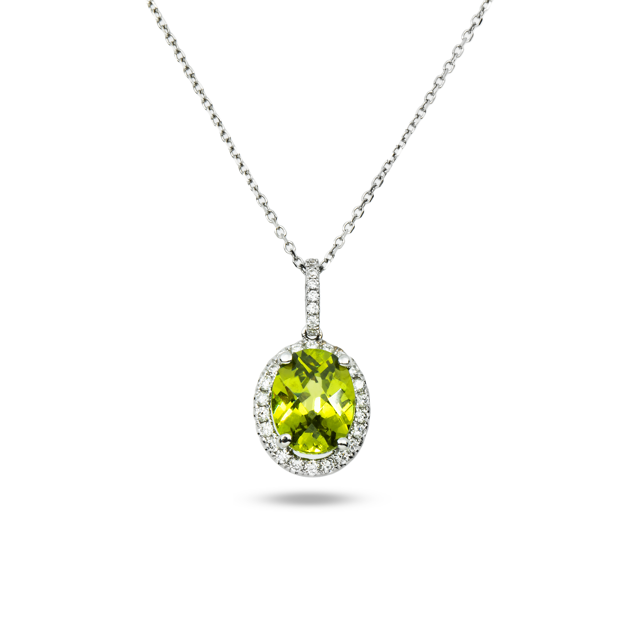 14 & 18K White Gold Diamond & Peridot Pendant & Chain Necklace