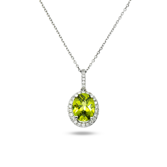 14 & 18K White Gold Diamond & Peridot Pendant & Chain Necklace