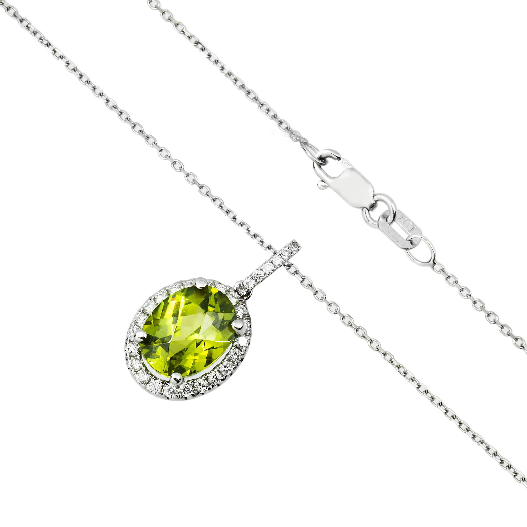 14 & 18K White Gold Diamond & Peridot Pendant & Chain Necklace