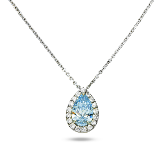 GIA Platinum Pear Cut Fancy Intense Blue Diamond Pendant & Chain Necklace