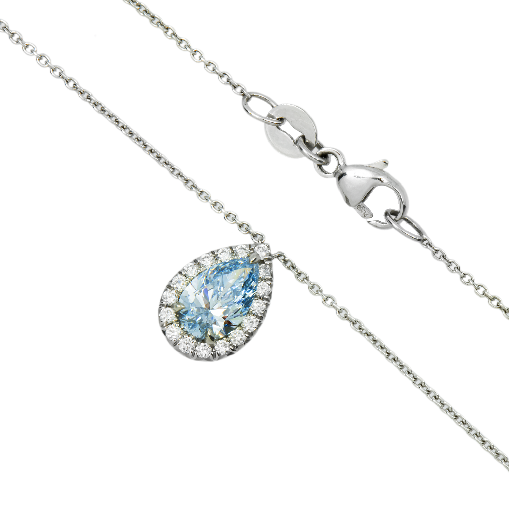 GIA Platinum Pear Cut Fancy Intense Blue Diamond Pendant & Chain Necklace