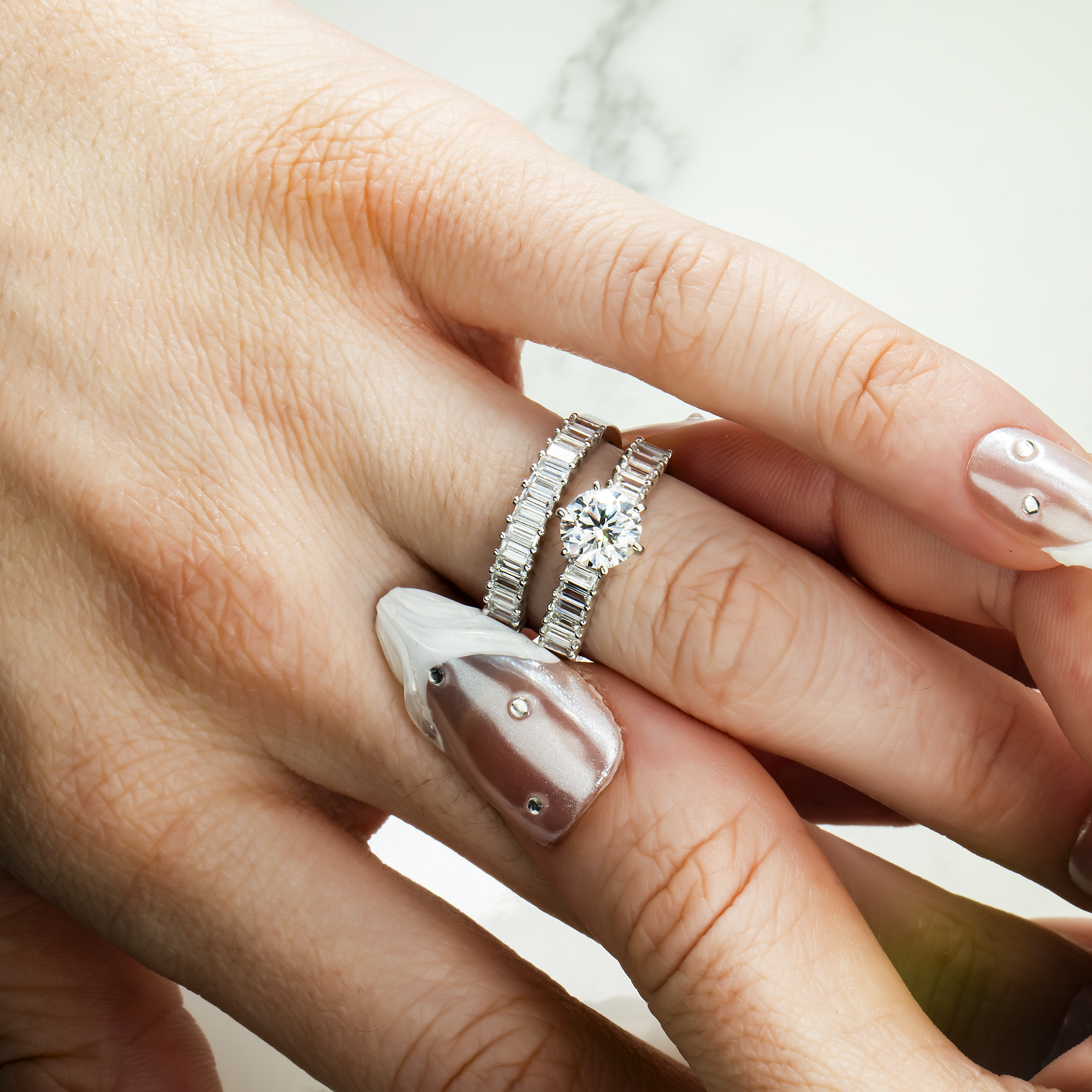 18K White Gold Round & Baguette Diamond Engagement Ring & Wedding Band Set 2.33ctw