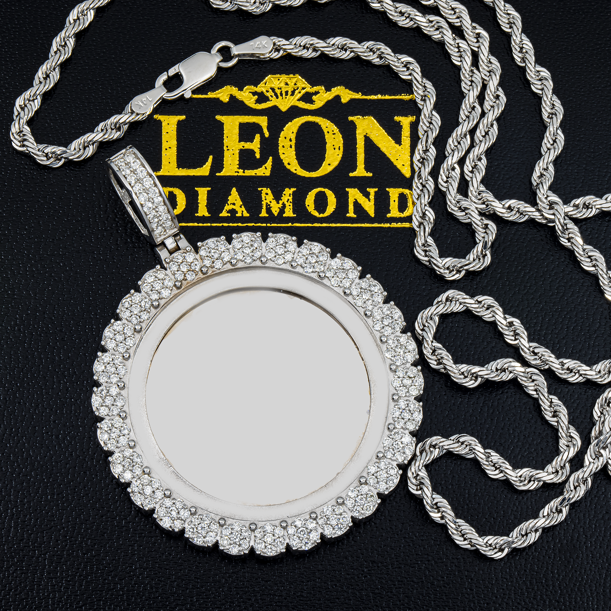 Add Your Own Photo 1.5" - Solid 14K White Gold Round Cluster Diamond Picture Pendant 2.20ct