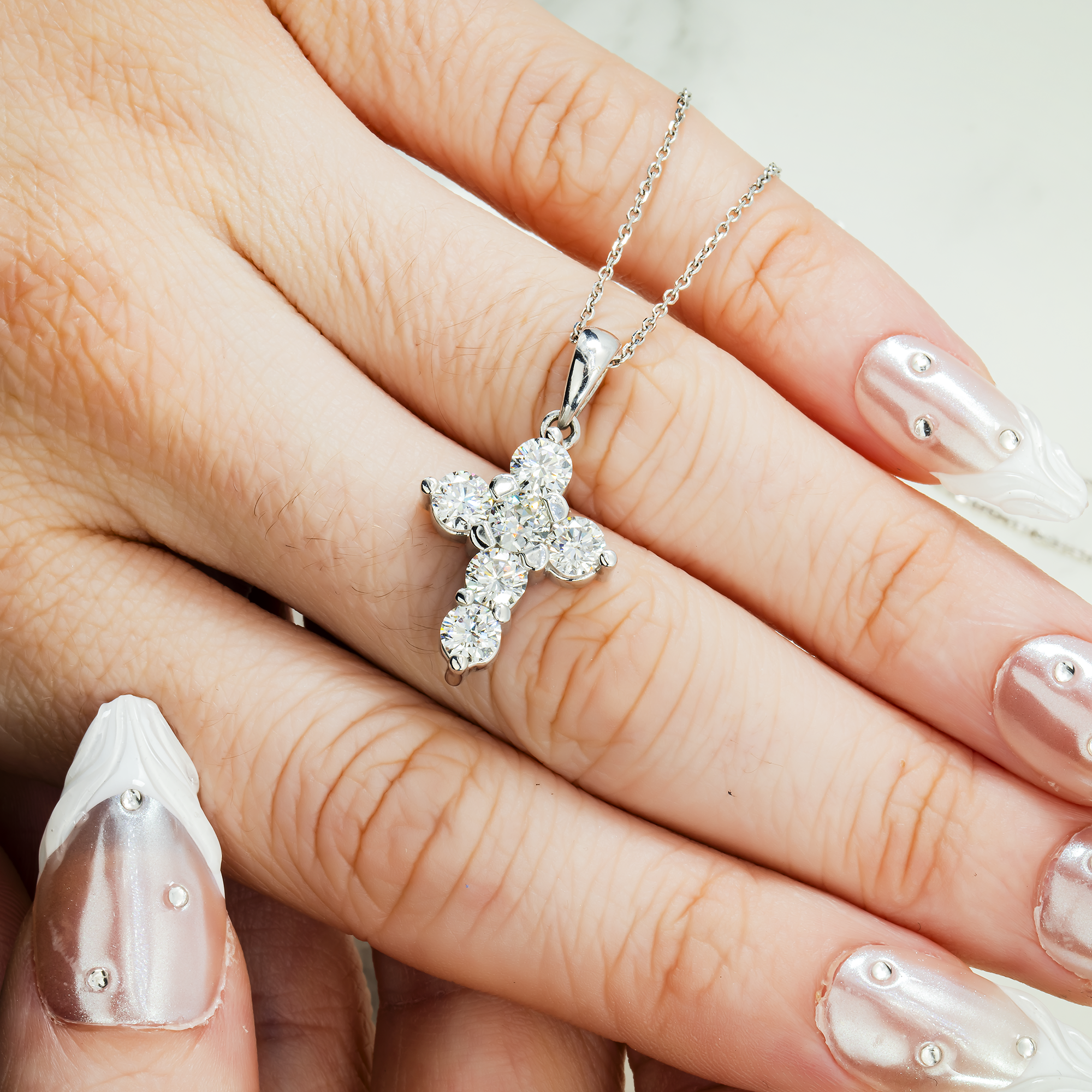 14K White Gold Round Diamond Cross Pendant & Chain Necklace