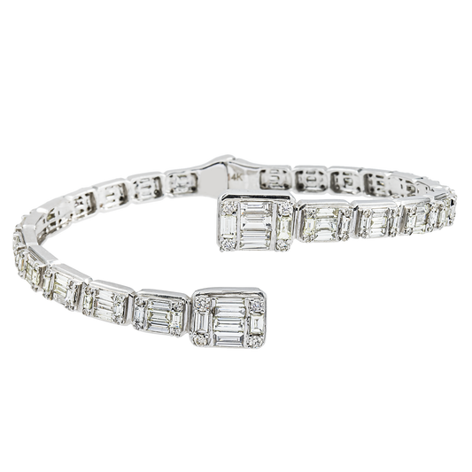 14K White Gold Baguette & Round Diamond Bangle Bracelet 5.50ct