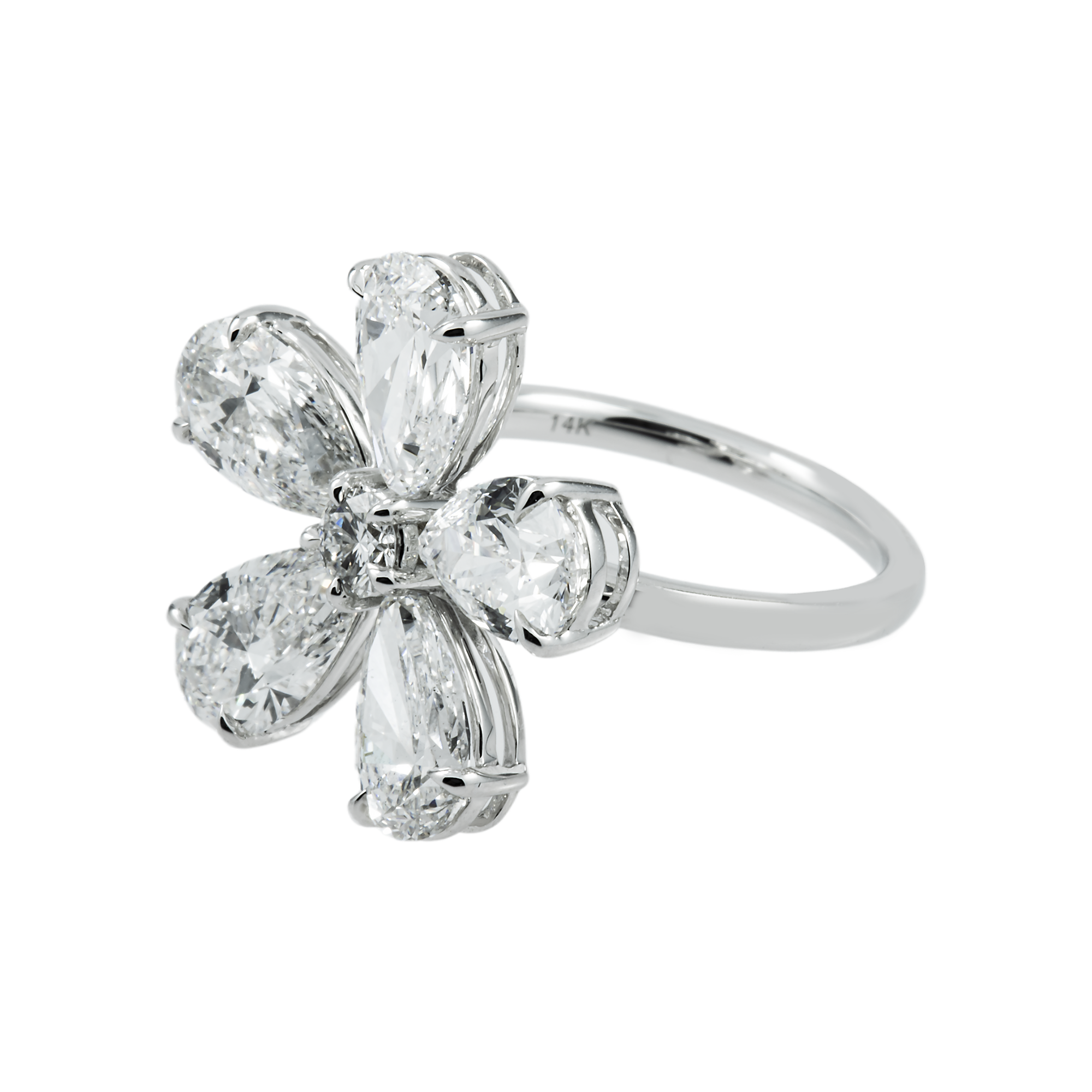 14K White Gold Pear Cut Diamond Flower Ring 5.33ct