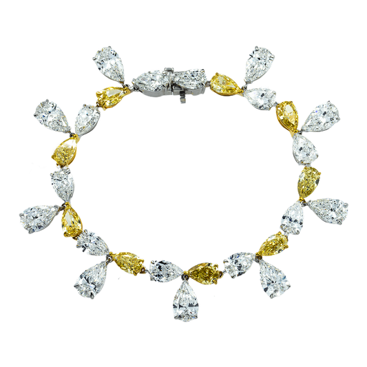 14K Two Tone Pear Cut White & Fancy Yellow Diamond Dangle Bracelet 33.63ct