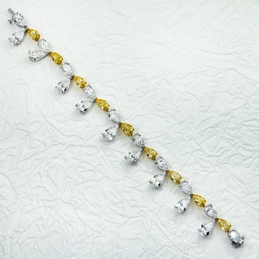 14K Two Tone Pear Cut White & Fancy Yellow Diamond Dangle Bracelet 33.63ct