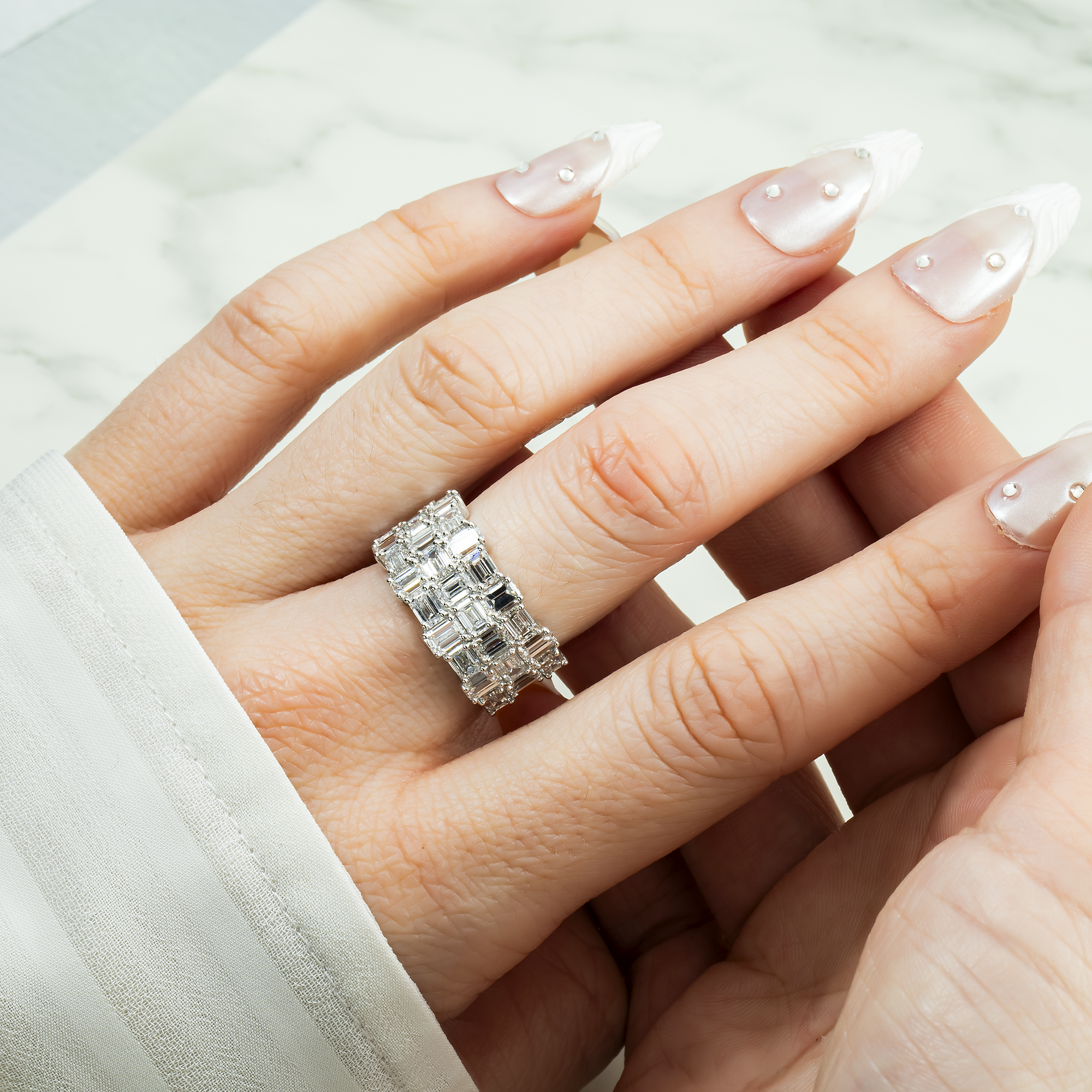 14K White Gold Triple Row Emerald Cut Diamond 5.65ct
