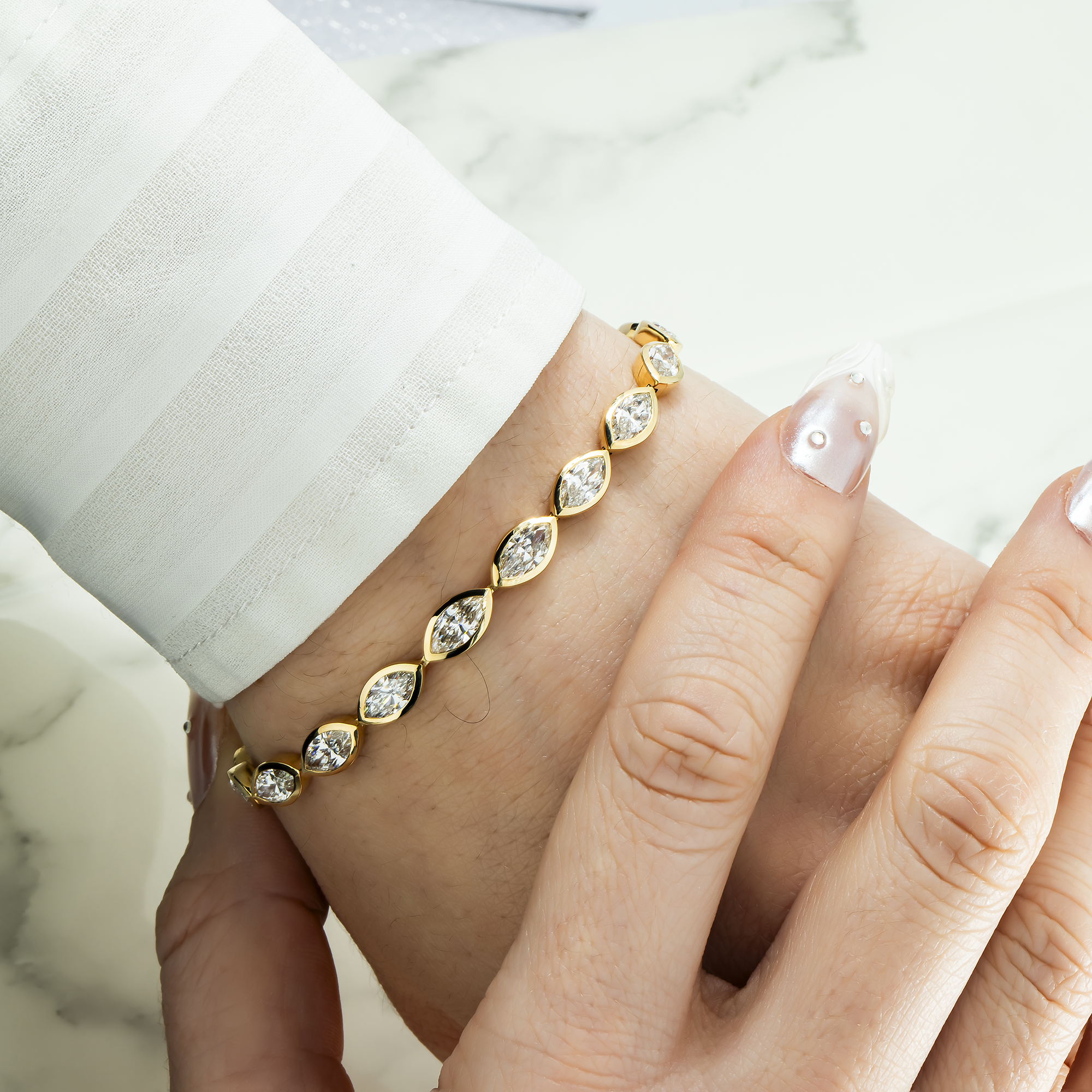 14K Yellow Gold Bezel Set Marquise Cut Diamond Bracelet 9.50ct