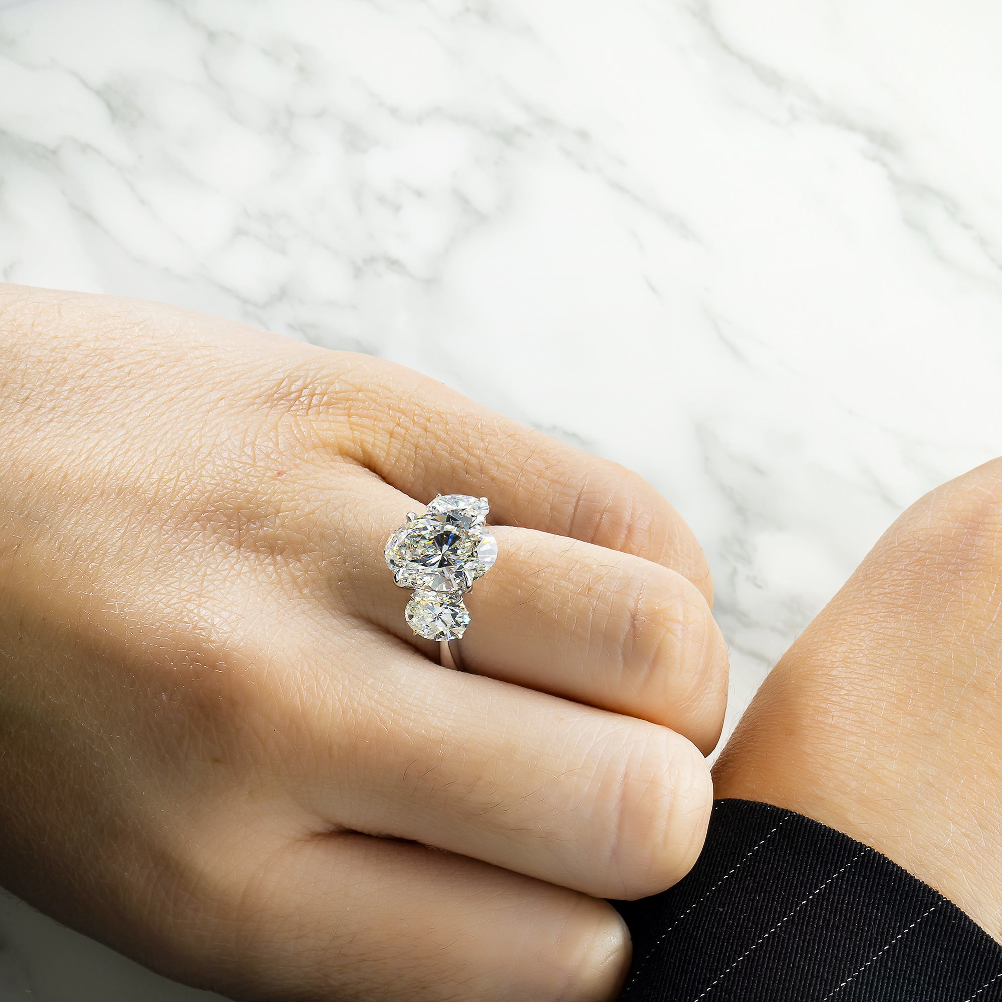 18K White Gold 4.24Ct Triple Oval Cut Diamond Engagement Ring 6.01Ctw Bridal