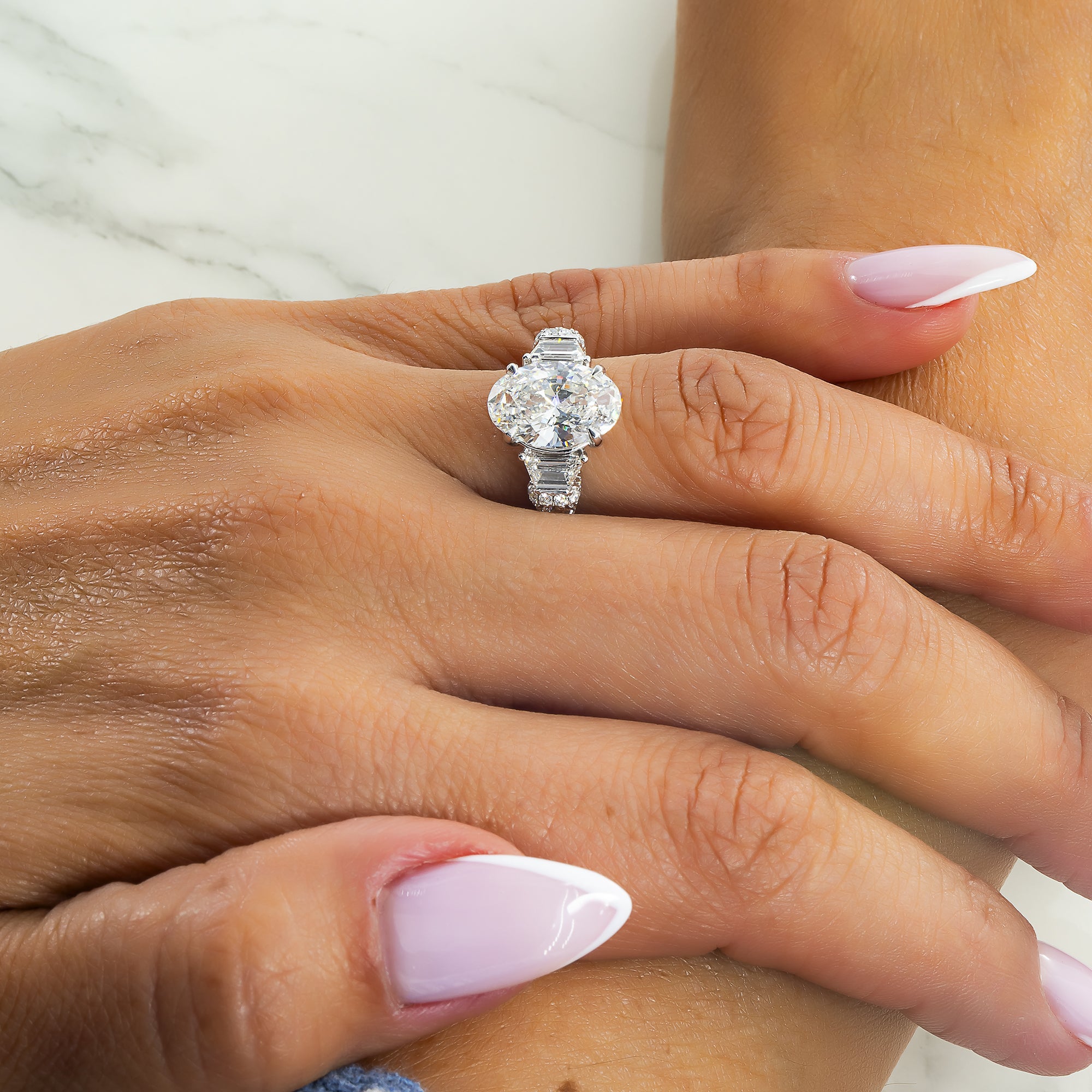 Gia 18K White Gold 3.40Ct Oval Cut Triple Diamond Engagement Ring Bridal