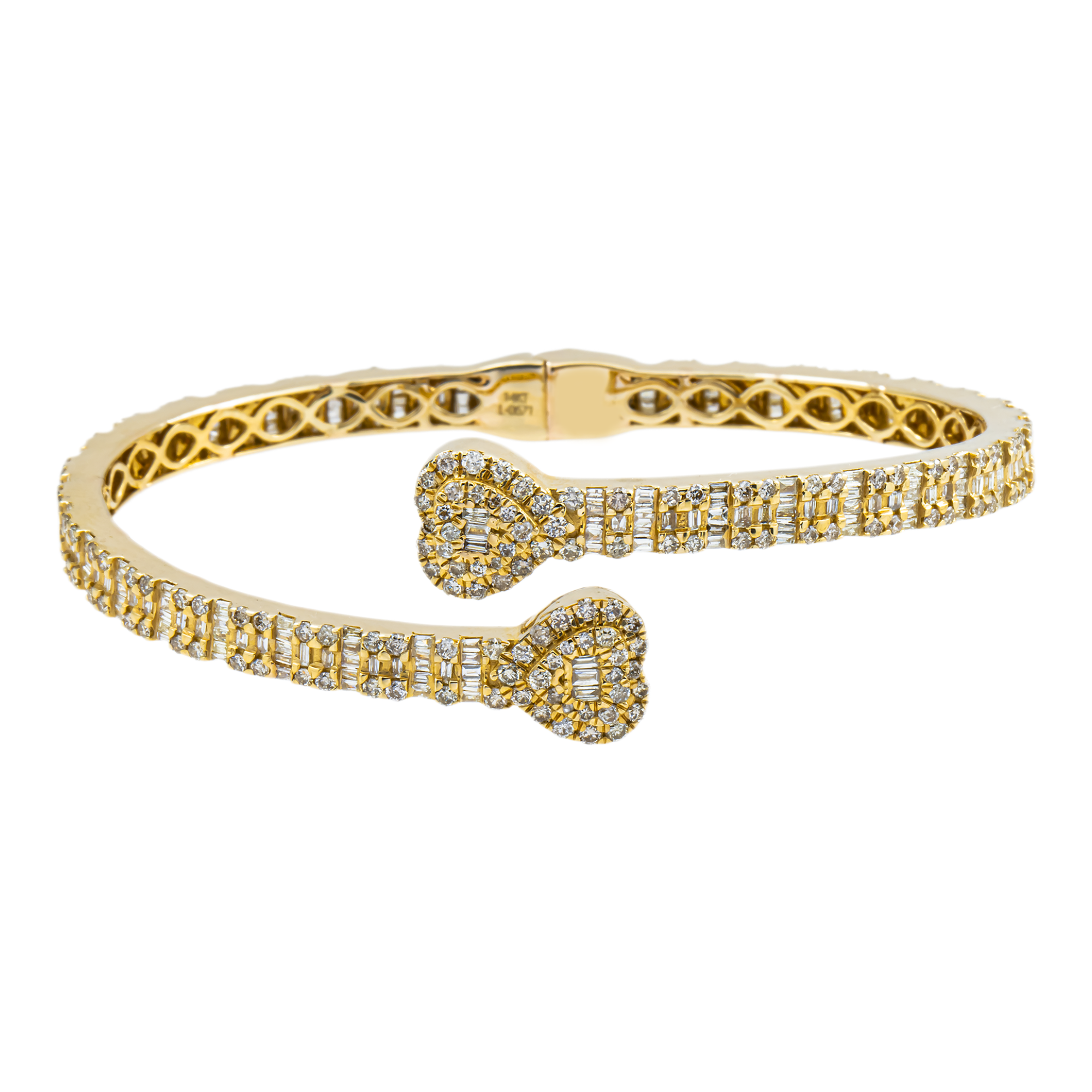 14K Yellow Gold Baguette & Round Diamond Heart Bangle Bracelet 4.50ct