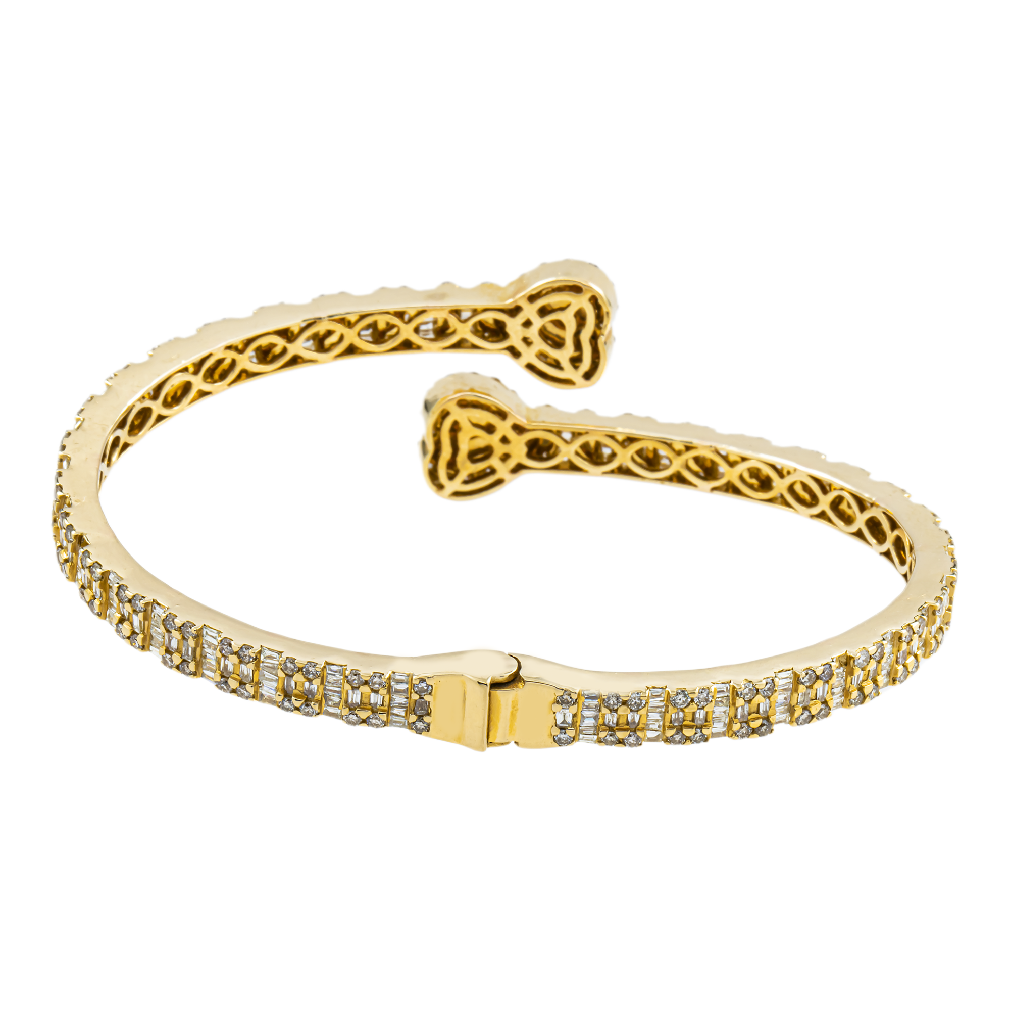 14K Yellow Gold Baguette & Round Diamond Heart Bangle Bracelet 4.50ct