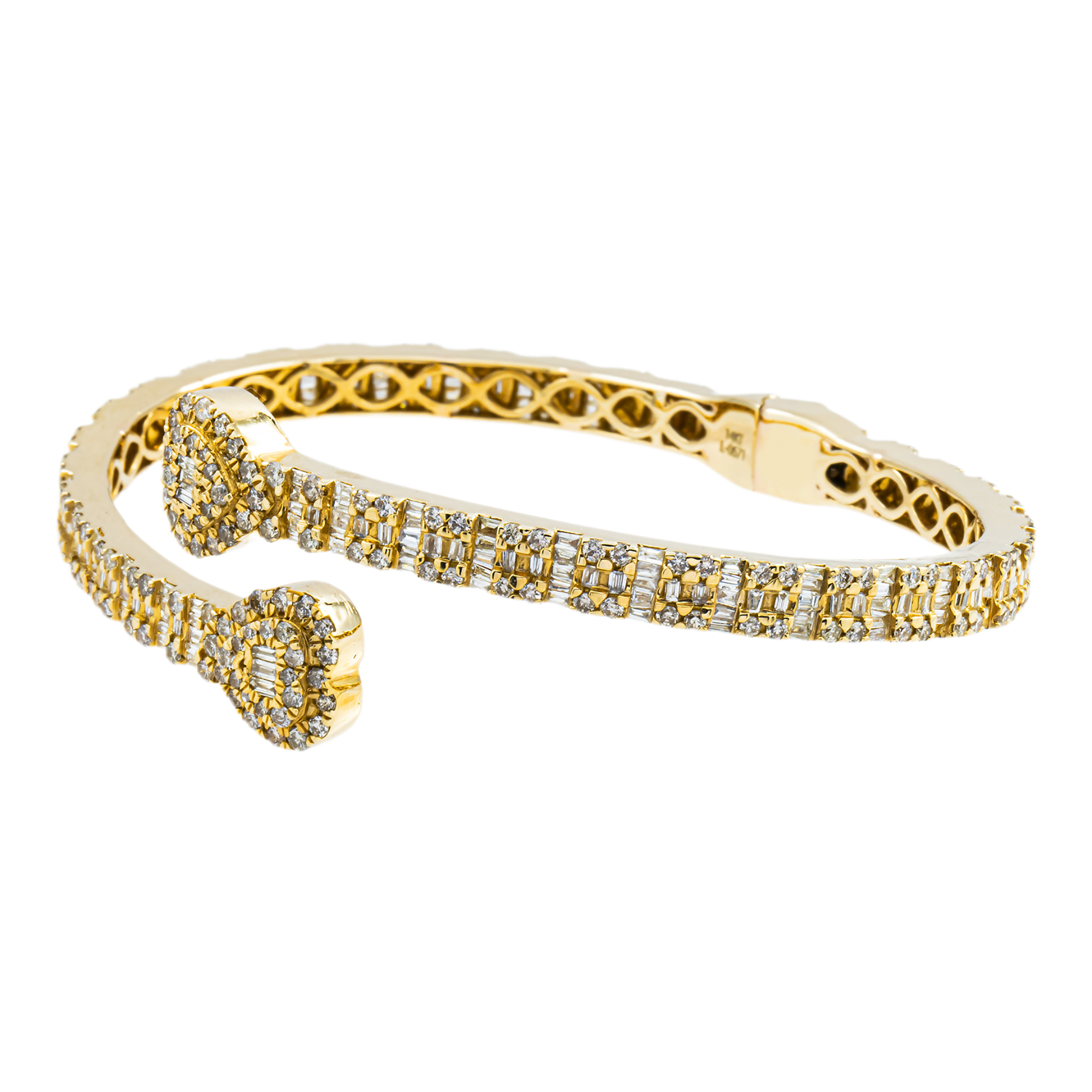 14K Yellow Gold Baguette & Round Diamond Heart Bangle Bracelet 4.50ct