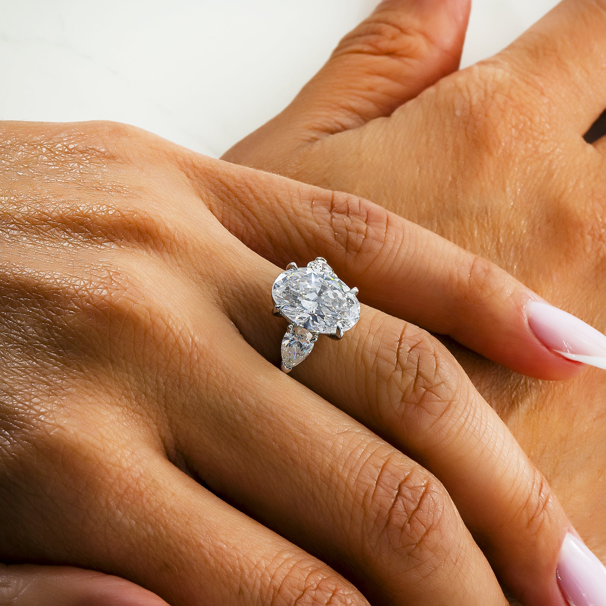 Gia Platinum 5.02Ct Oval & Pear Cut Triple Diamond Engagement Ring 6.02Ctw Bridal