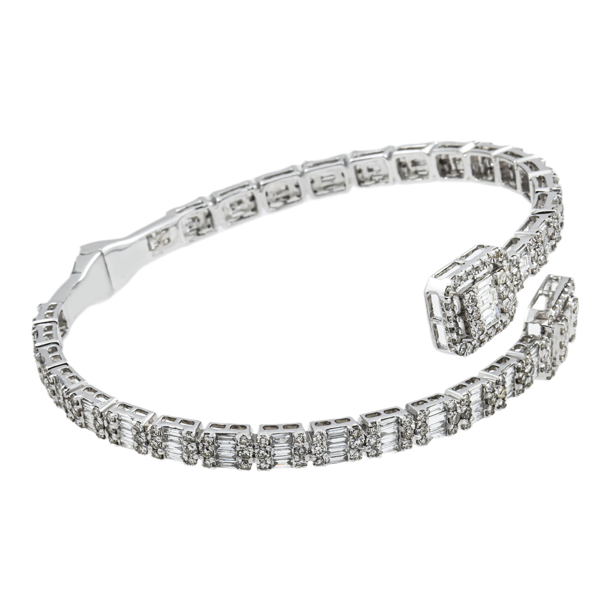 14K White Gold Baguette & Round Diamond Bangle Bracelet 6.40ct