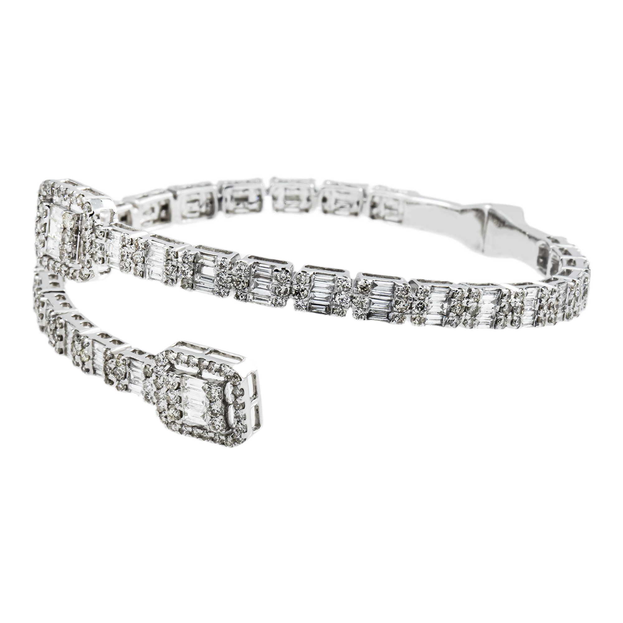 14K White Gold Baguette & Round Diamond Bangle Bracelet 6.40ct