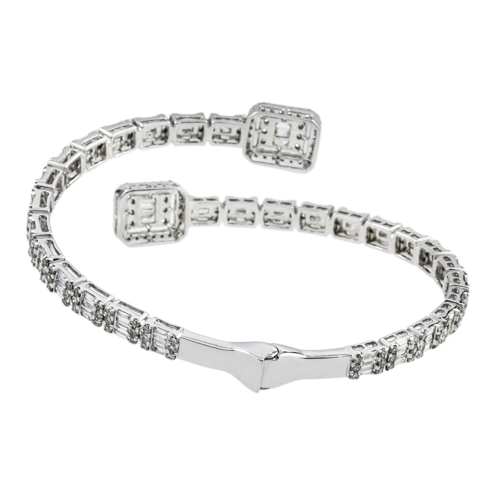 14K White Gold Baguette & Round Diamond Bangle Bracelet 6.40ct