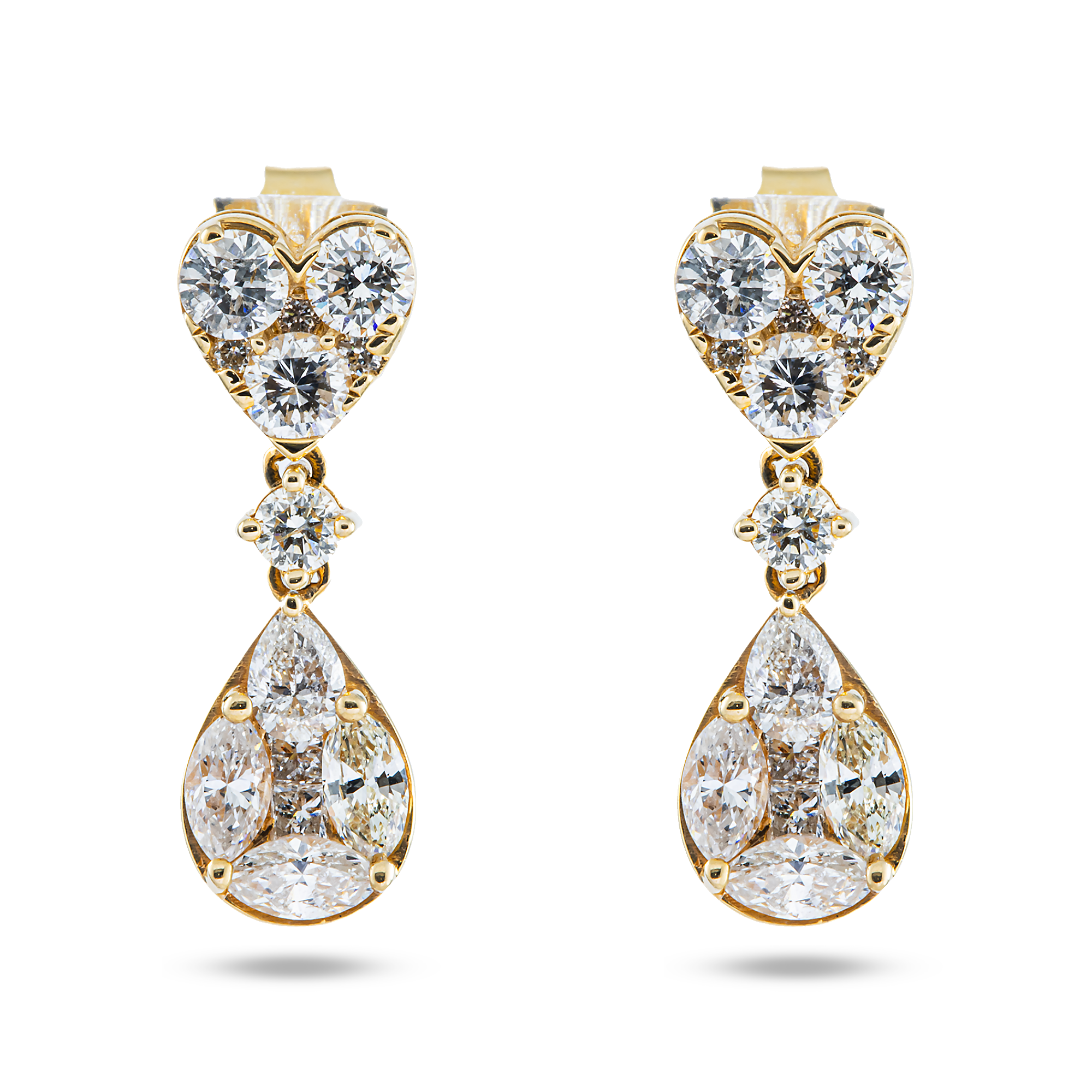 14K Yellow Gold Heart Shaped Tier Drop Earrings 1.62ct