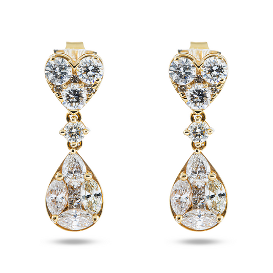 14K Yellow Gold Heart Shaped Tier Drop Earrings 1.62ct