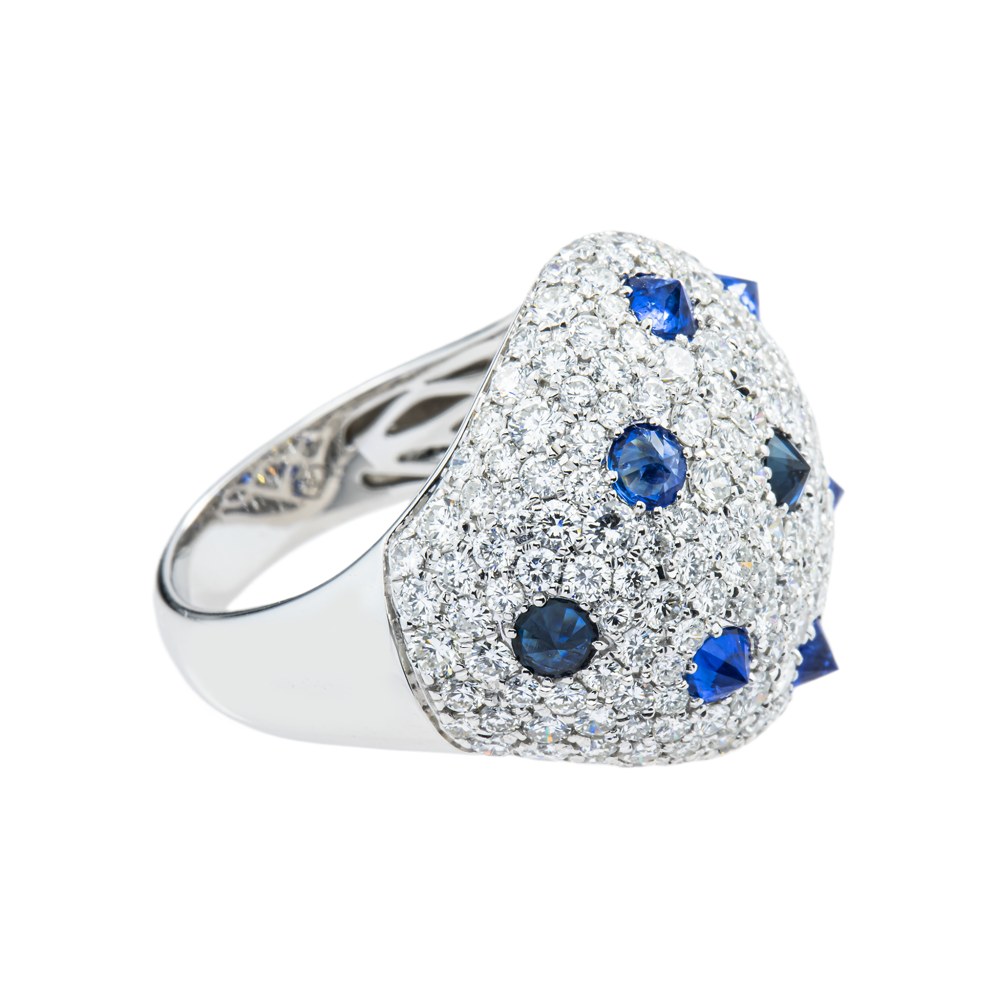 14K White Gold Round Diamond & Sapphire Cosmic Cocktail Ring