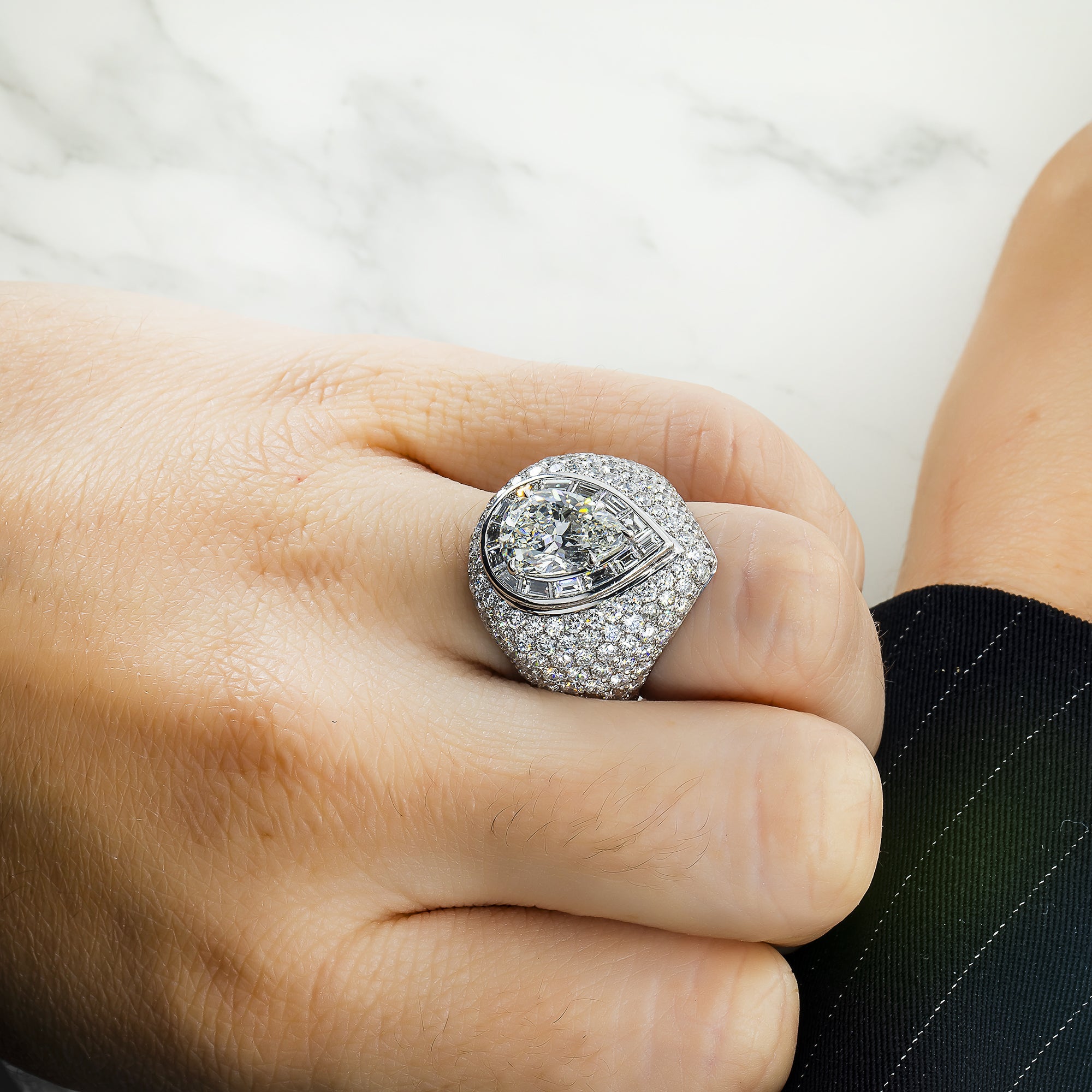 18K White Gold Pear & Round Cut Diamond Ring 10.06Ctw Bridal
