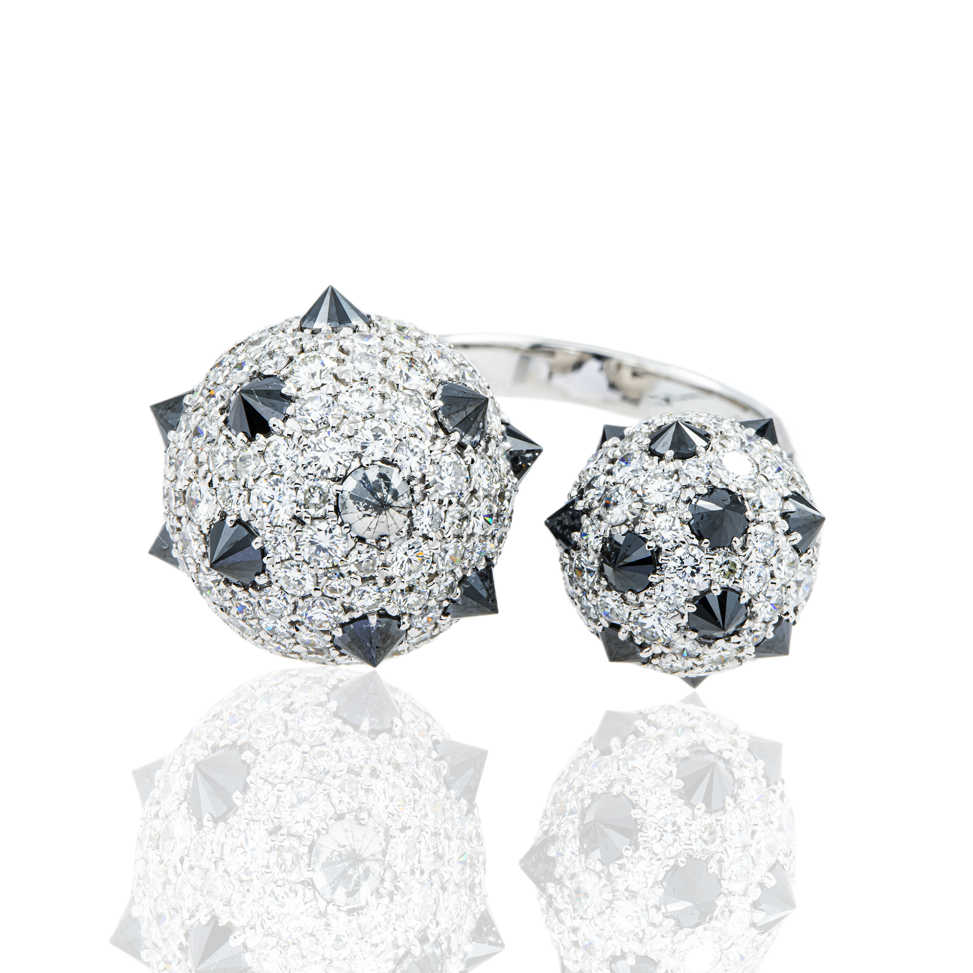 14K White Gold Round White & Black Diamond Flintstone Cocktail Ring